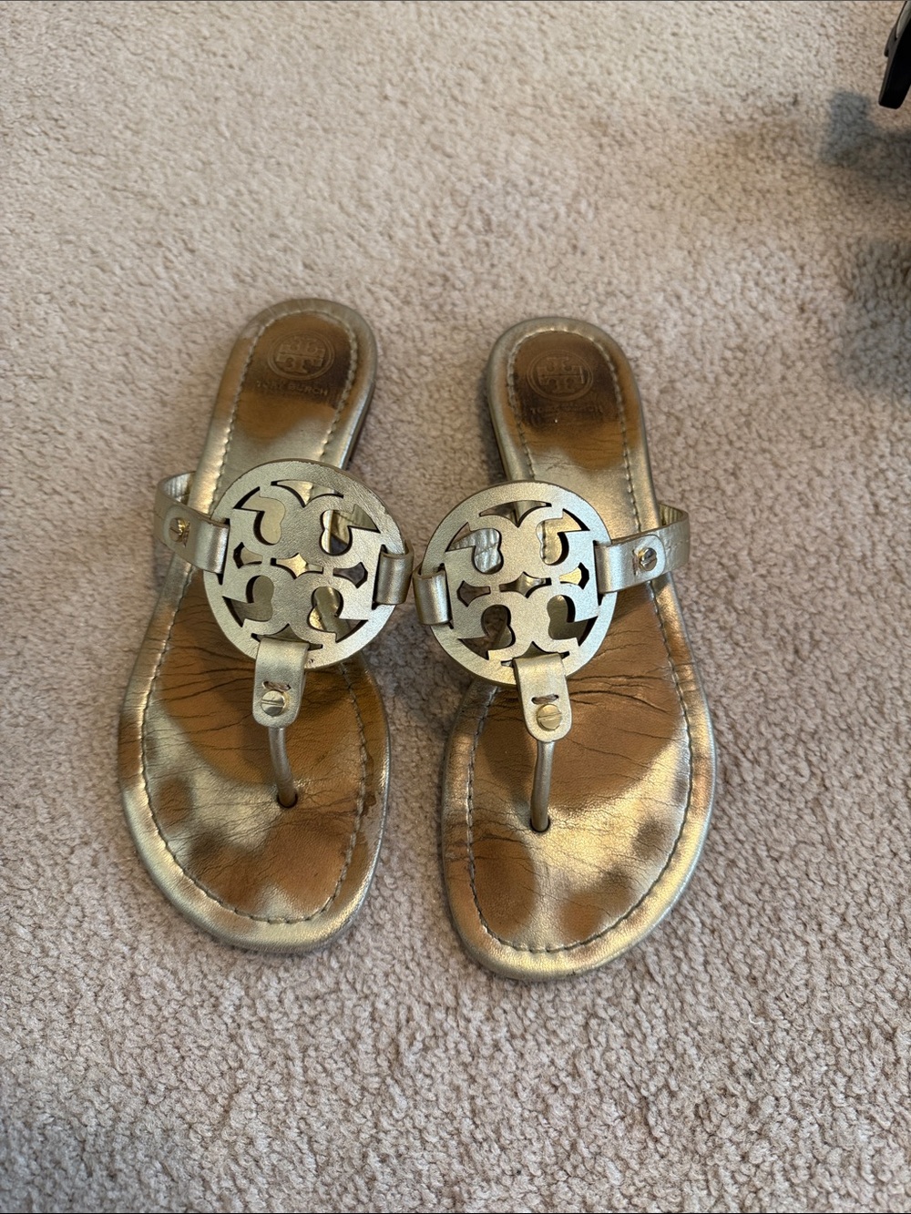 Tory Burch Metallic Gold Logo Thong Sandals with Medallion